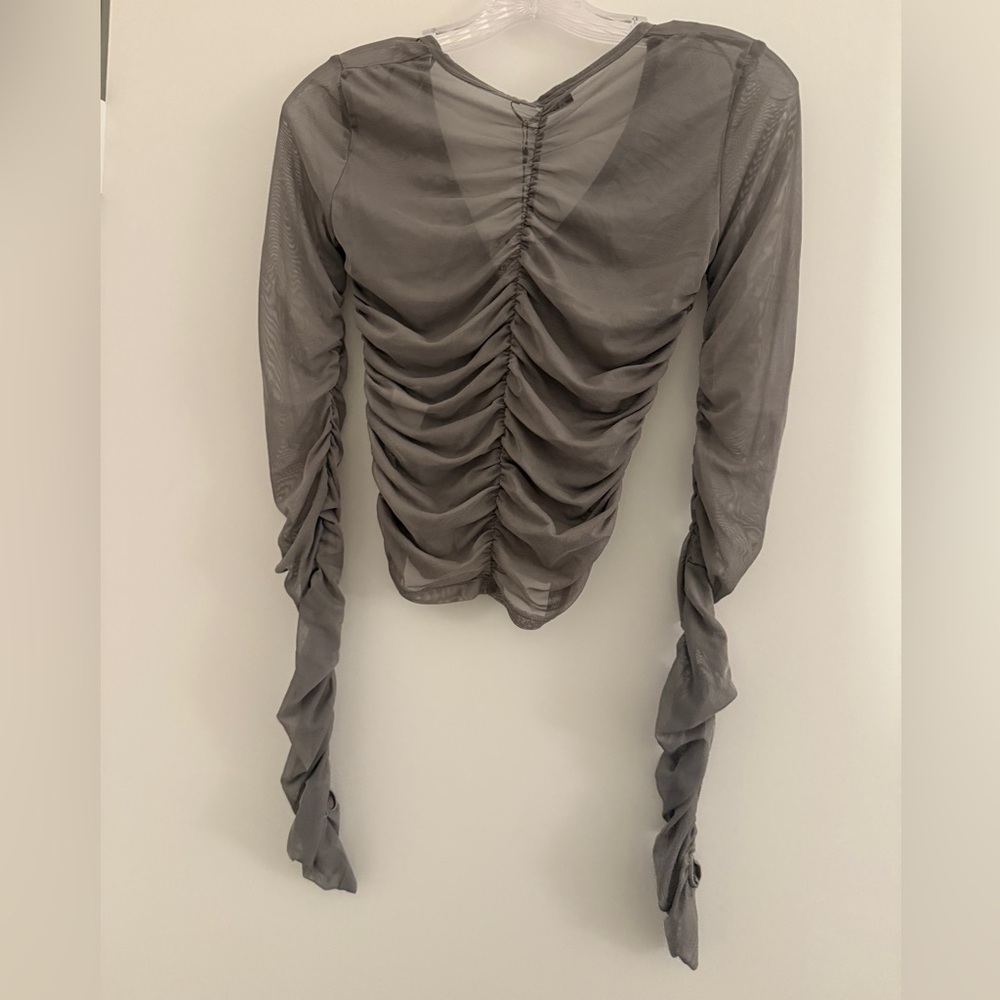 Zara Grey Mesh Ruched Long Sleeve Blouse - Picture 2 of 2